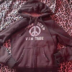 American Vintage Brown Hooded Zip-Up Jacket with Pink Lining
